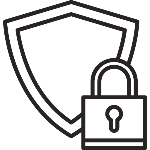 Line art icons of security and protection concepts including shields, locks, and digital safety symbols.