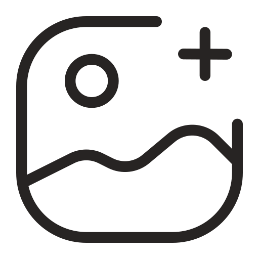 Minimalist black line drawing icon of Instagram logo with plus symbol in simple curved design style.