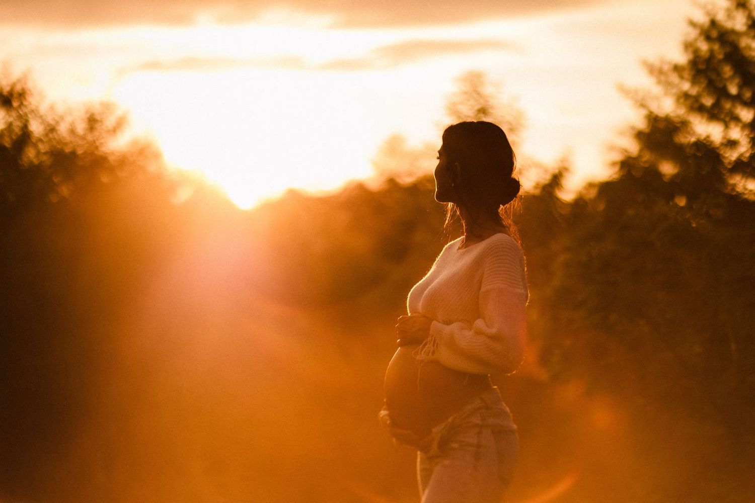 Two people embrace in a romantic silhouette against a warm glowing sunset with trees in the background.