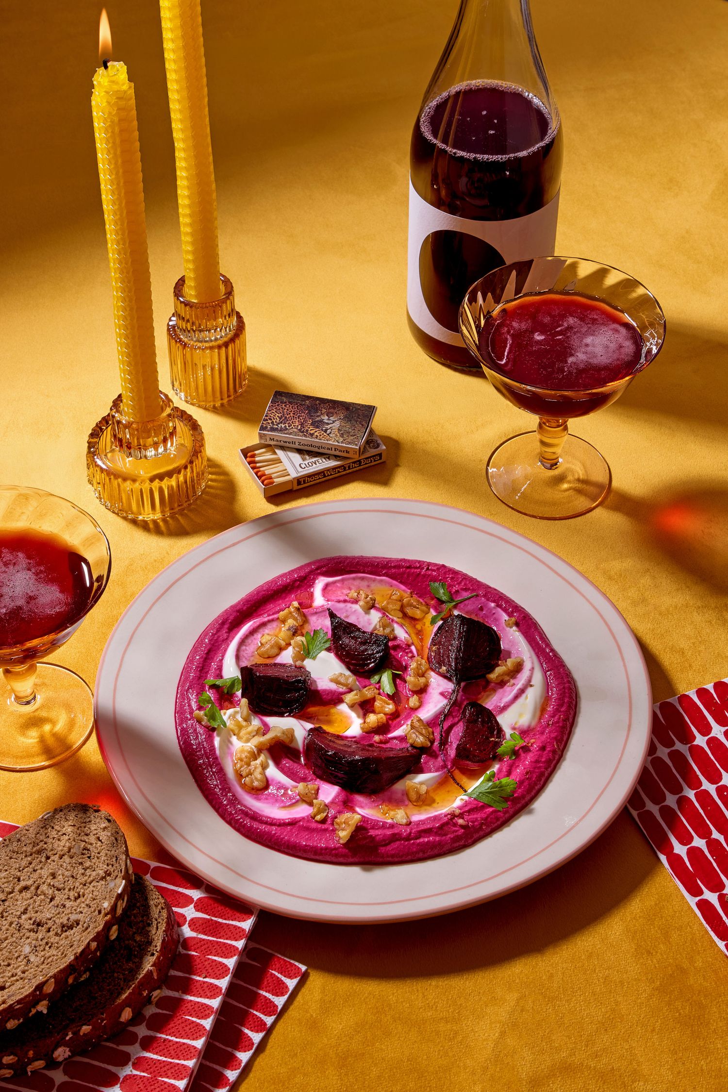 Creative food image featuring a beetroot dip with bold lighting, photographed by a commercial product photographer in London