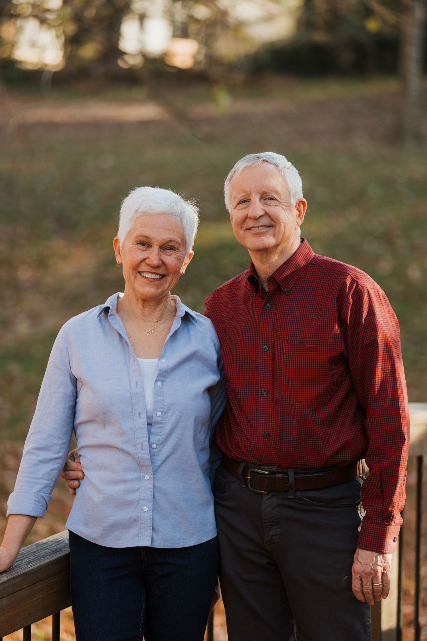 Elderly couple in casual attire smiling together outdoors in a series of candid moments.