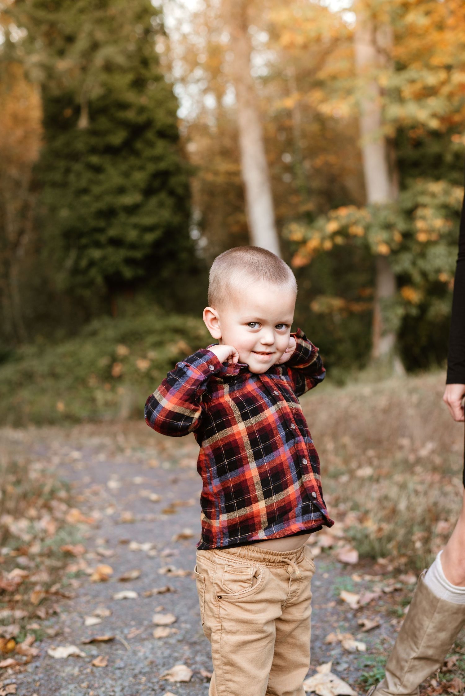 A toddler in a red plaid shirt plays outdoors on an autumn day.