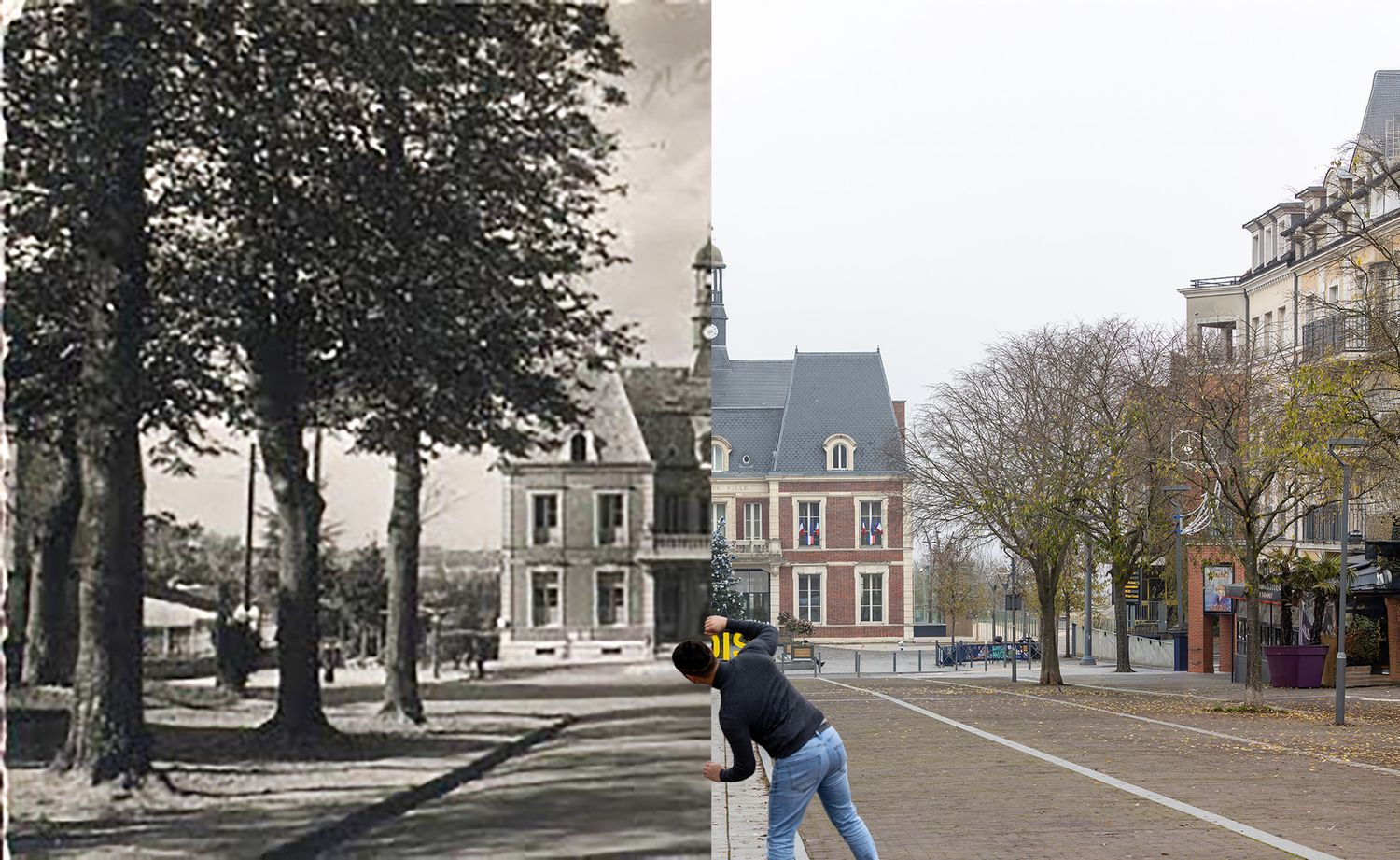 A creative split photo showing a historical street scene merged with a modern person bending down on the same street corner.