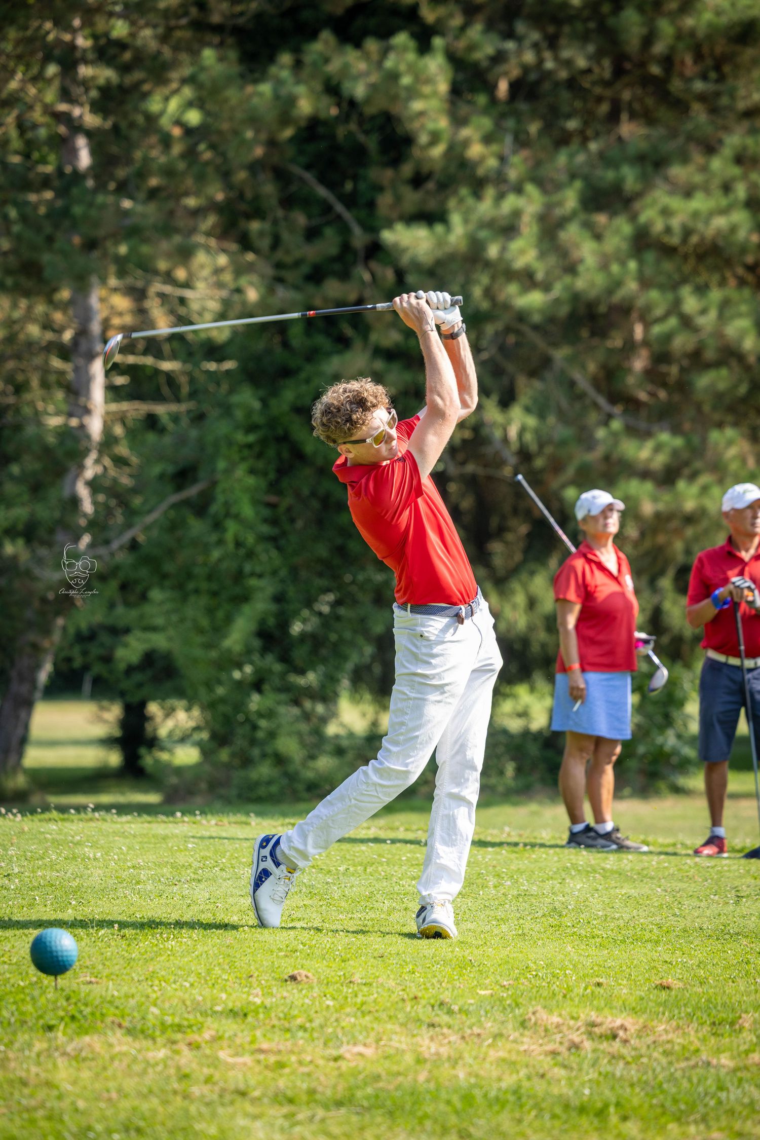 Series of action shots showing child in red and white swinging a bat at a blue ball while others watch in a grassy field.