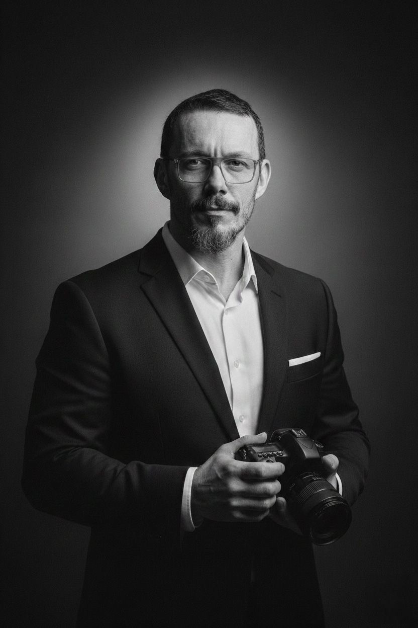 Black and white portrait series showing a bearded person in business attire holding a coffee cup in dramatic lighting.