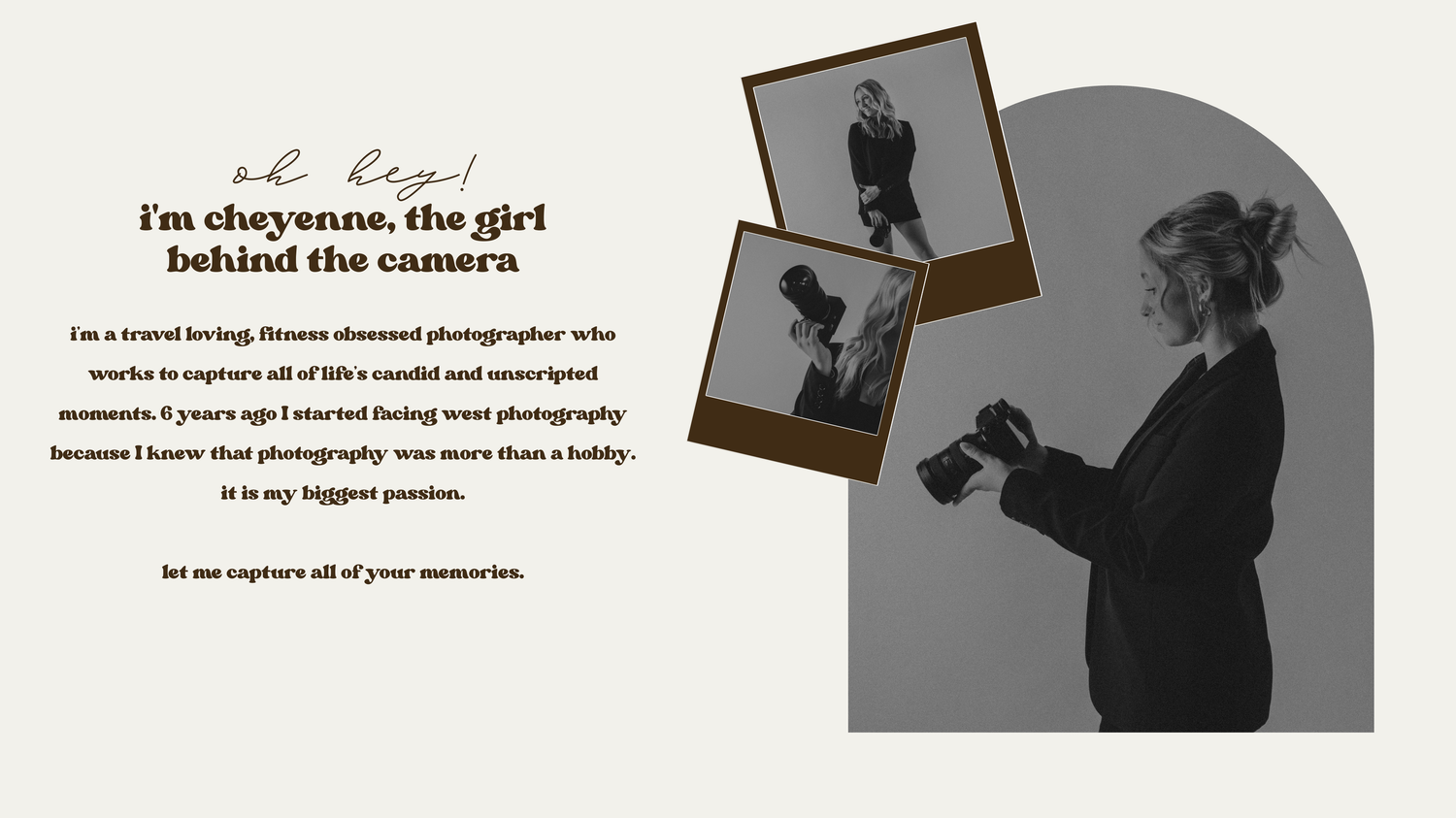 A series of minimalist black and white website design mockups showing layout and typography elements.