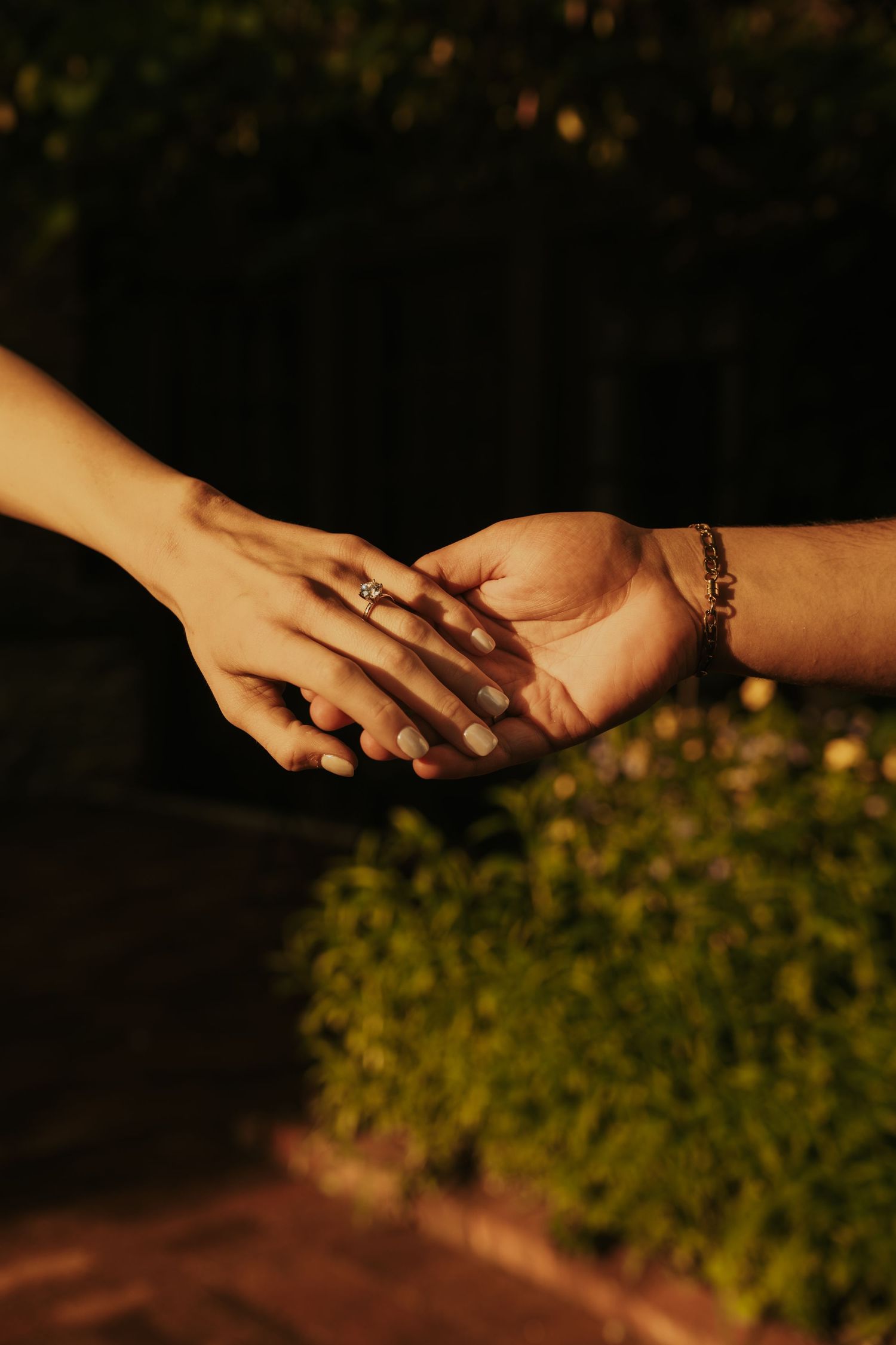 Two hands reaching towards each other against a dark background with blurred greenery in the background.