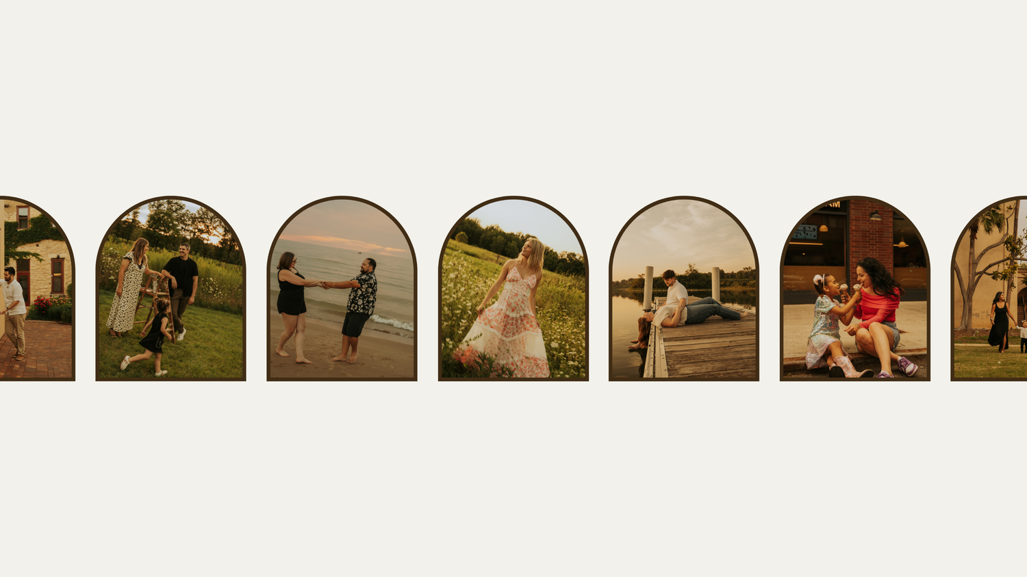 A series of seven arched frames showing various outdoor activities and poses in warm sunlit settings.