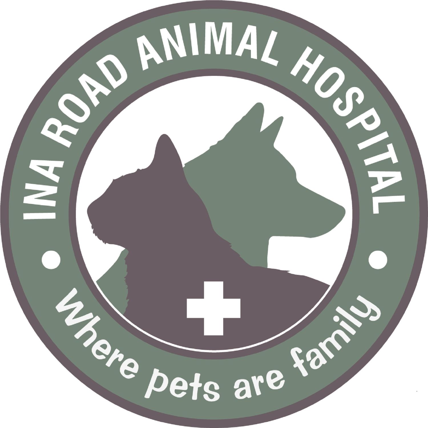 Circular logo for INA Road Animal Hospital featuring silhouettes of a cat and dog with medical cross symbol.