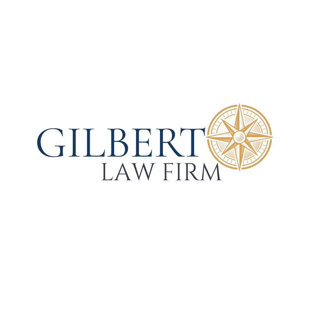 Clean professional logo design for Gilbert Law Firm with navy text and gold compass accent.