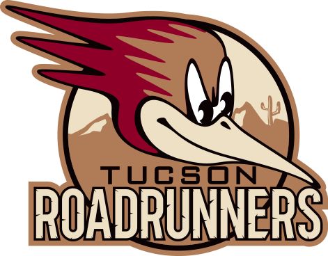 Cartoon roadrunner mascot logo for Tucson Roadrunners sports team in brown and red colors.
