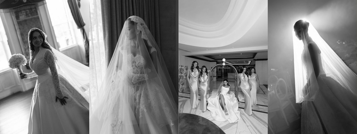 Elegant black and white collage of a bride in a long veil with her bridesmaids preparing.