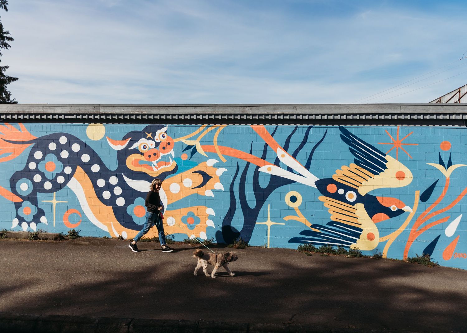 A small dog walks past a colorful street art mural featuring abstract sea creatures and aquatic designs painted on a wall.