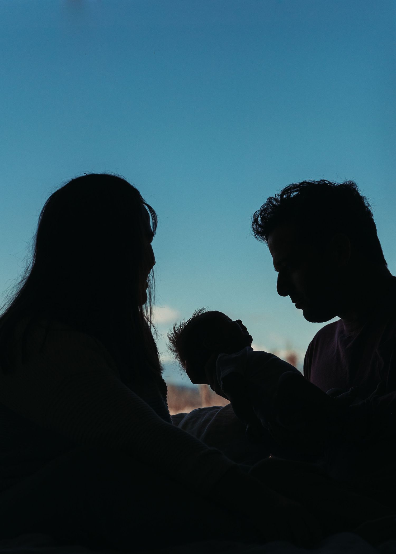A silhouetted family of three embraces together against a twilight blue sky.