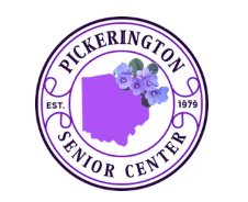 Pickerington Senior Center circular logo with purple Ohio state outline, violet flowers, and EST. 1979 text.