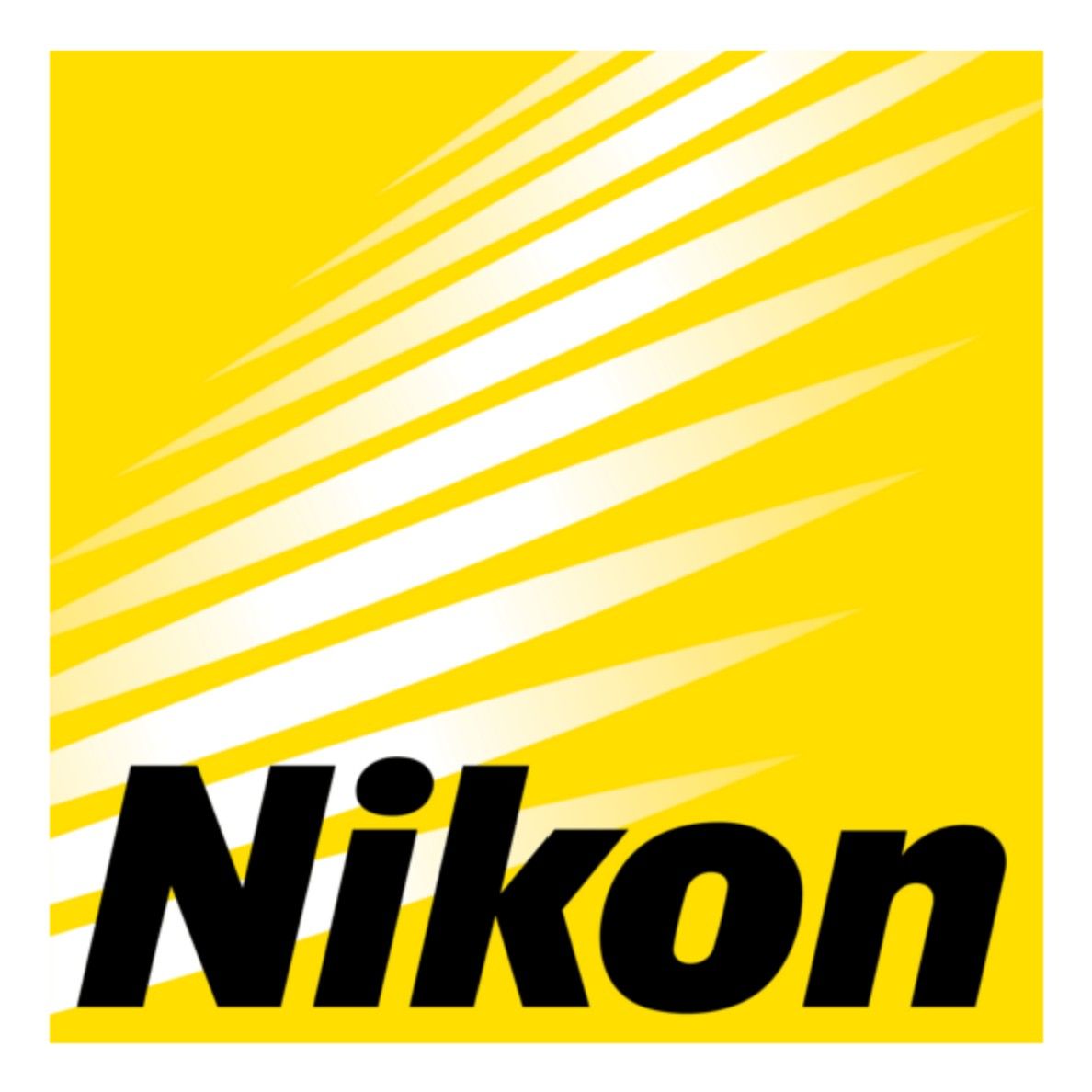 Nikon logo design evolution showing progression from text to modern black stylized wordmark on bright yellow backgrounds.