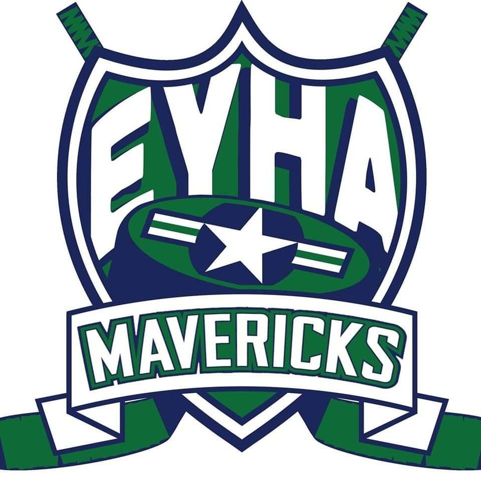 EYHA Mavericks hockey team logo with crossed sticks, shield design, star emblem, in green, navy, and white colors.
