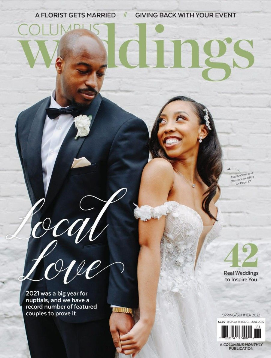 Wedding magazine covers featuring elegant couples in formal attire with romantic typography and design elements.