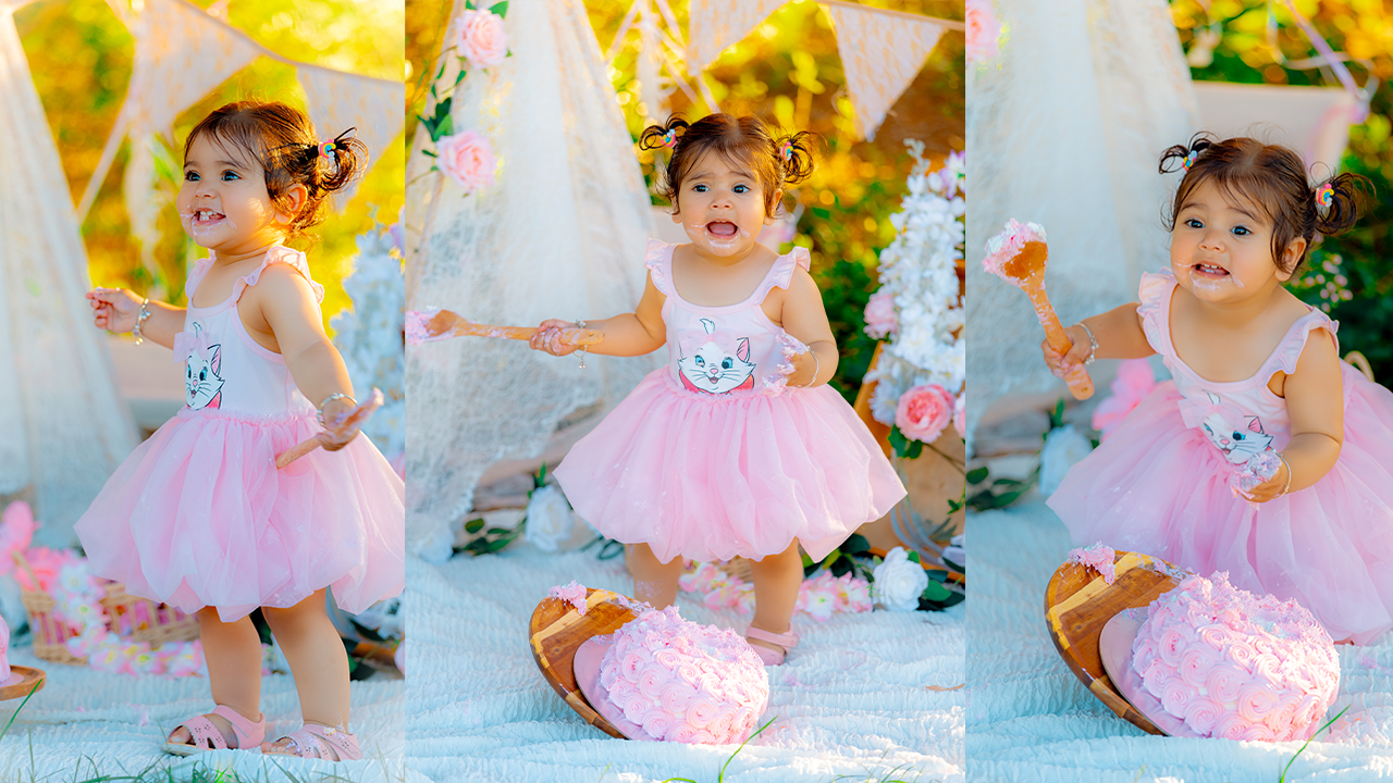 A series of photos showing a cake smash photoshoot with pink tulle dress and yellow flowers in the background.