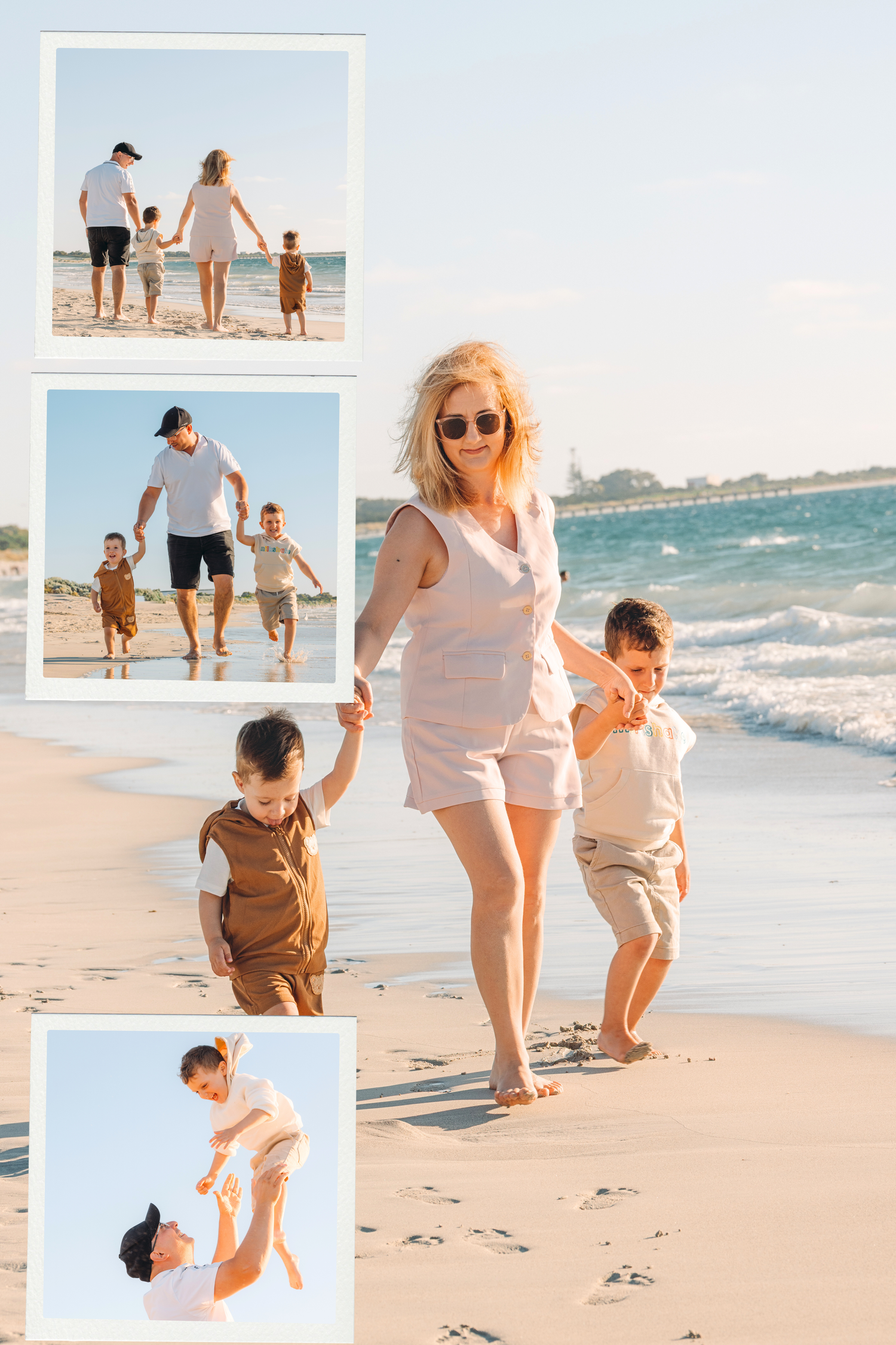 A family walks and plays together on a sunny beach with gentle waves and soft sand at sunset.