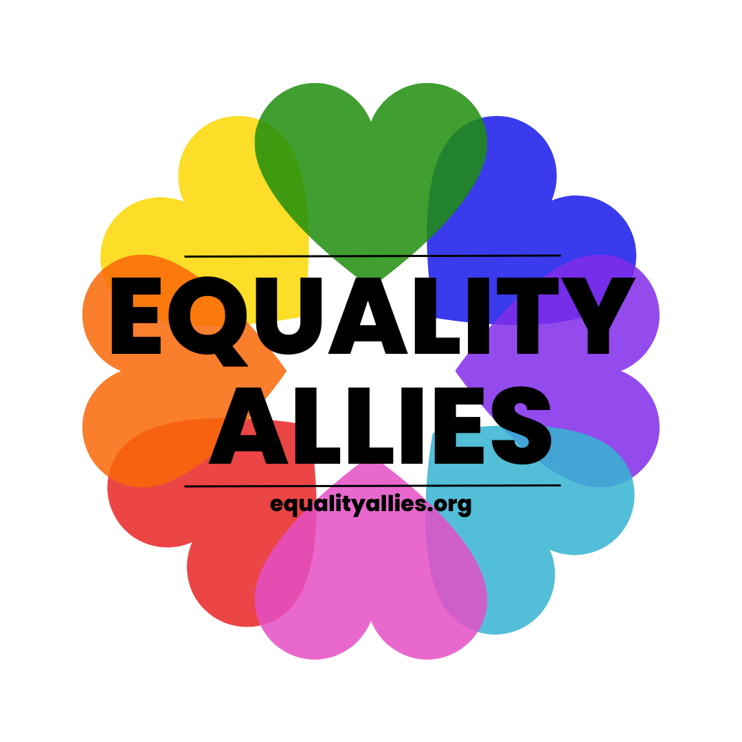 Colorful rainbow flower logo design for Equality Allies with heart shape in green at equalityallies.org.