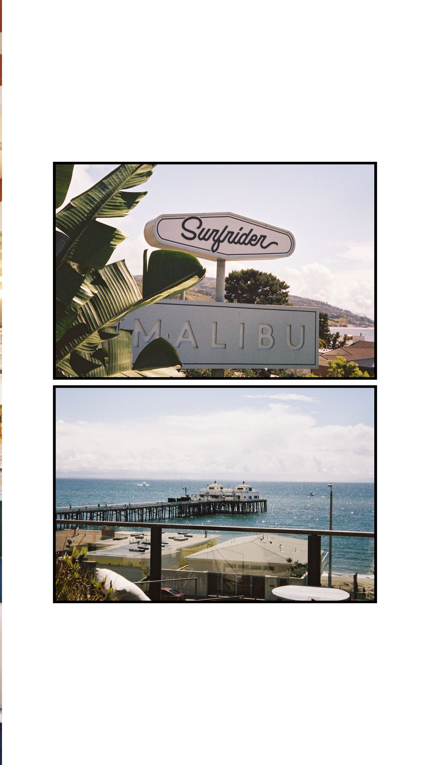 Surfrider Malibu sign with palm trees and a scenic pier overlooking the Pacific Ocean in Malibu, California.