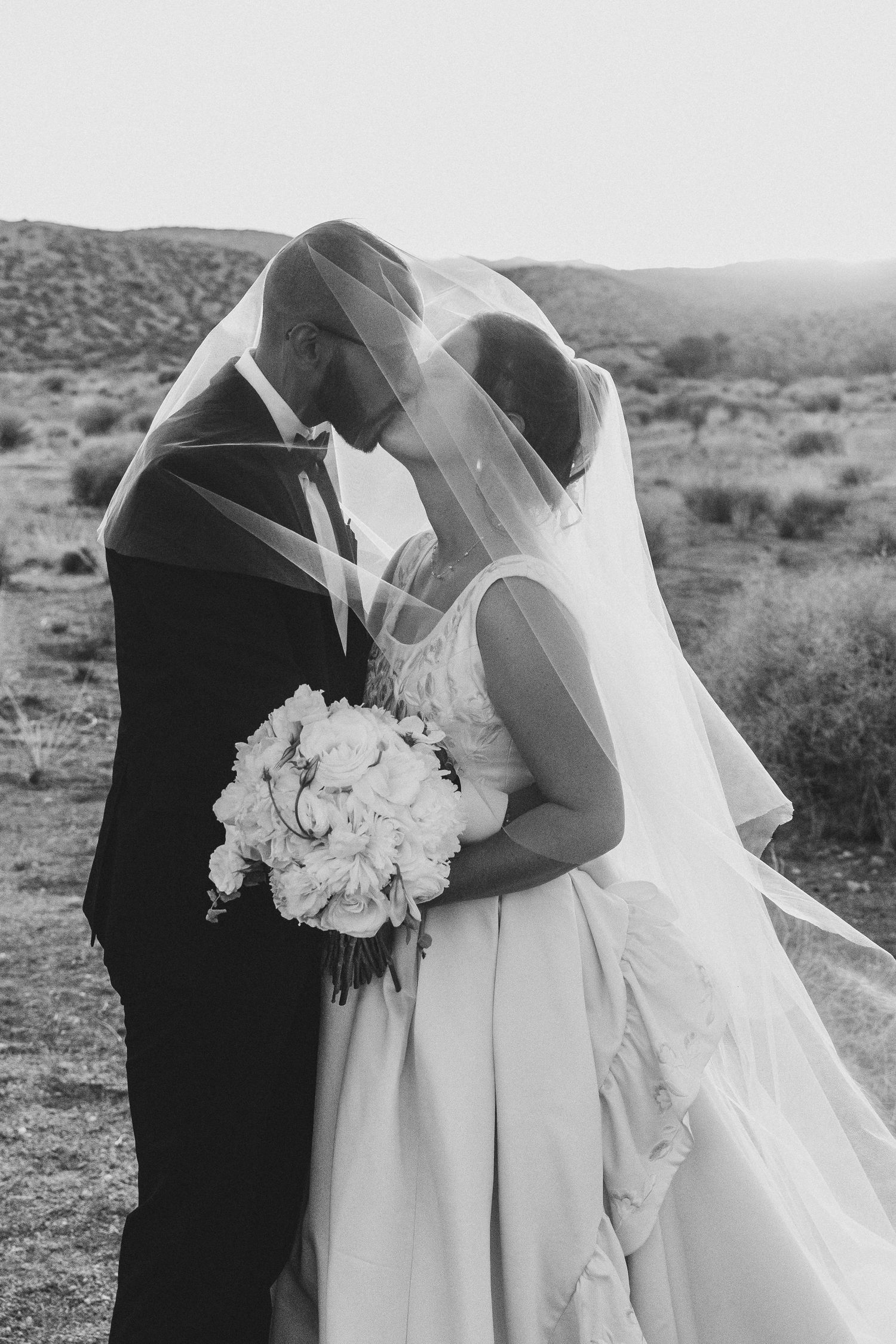 A black and white wedding photo showing a couple embracing outdoors in a desert landscape with a flowing white veil.