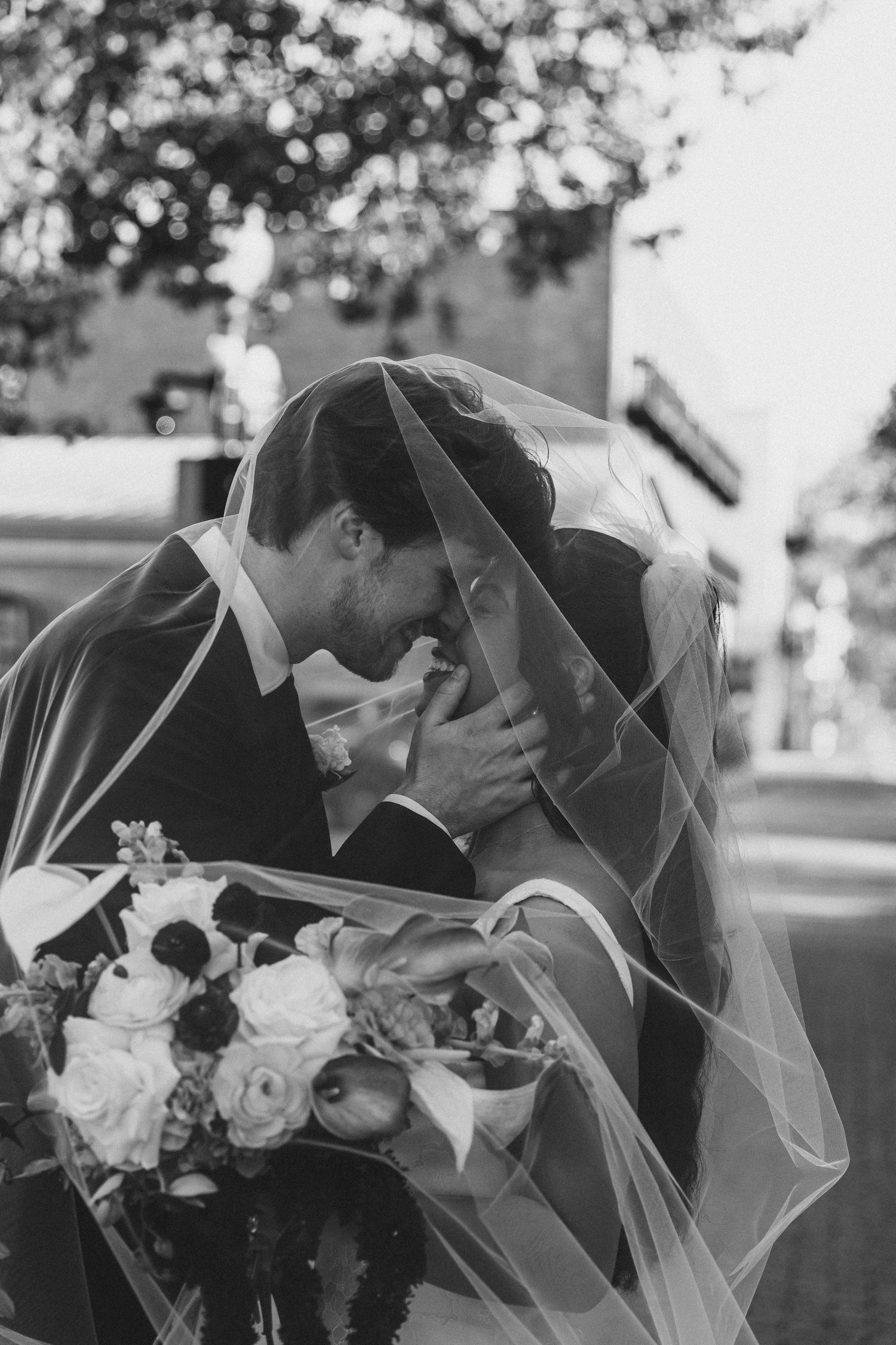Couple underneath view on wedding day in Wilmington North Carolina