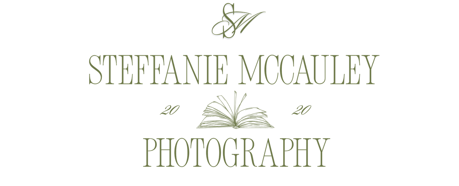 Steffanie McCauley Photography logo with elegant script and open book graphic in olive green.