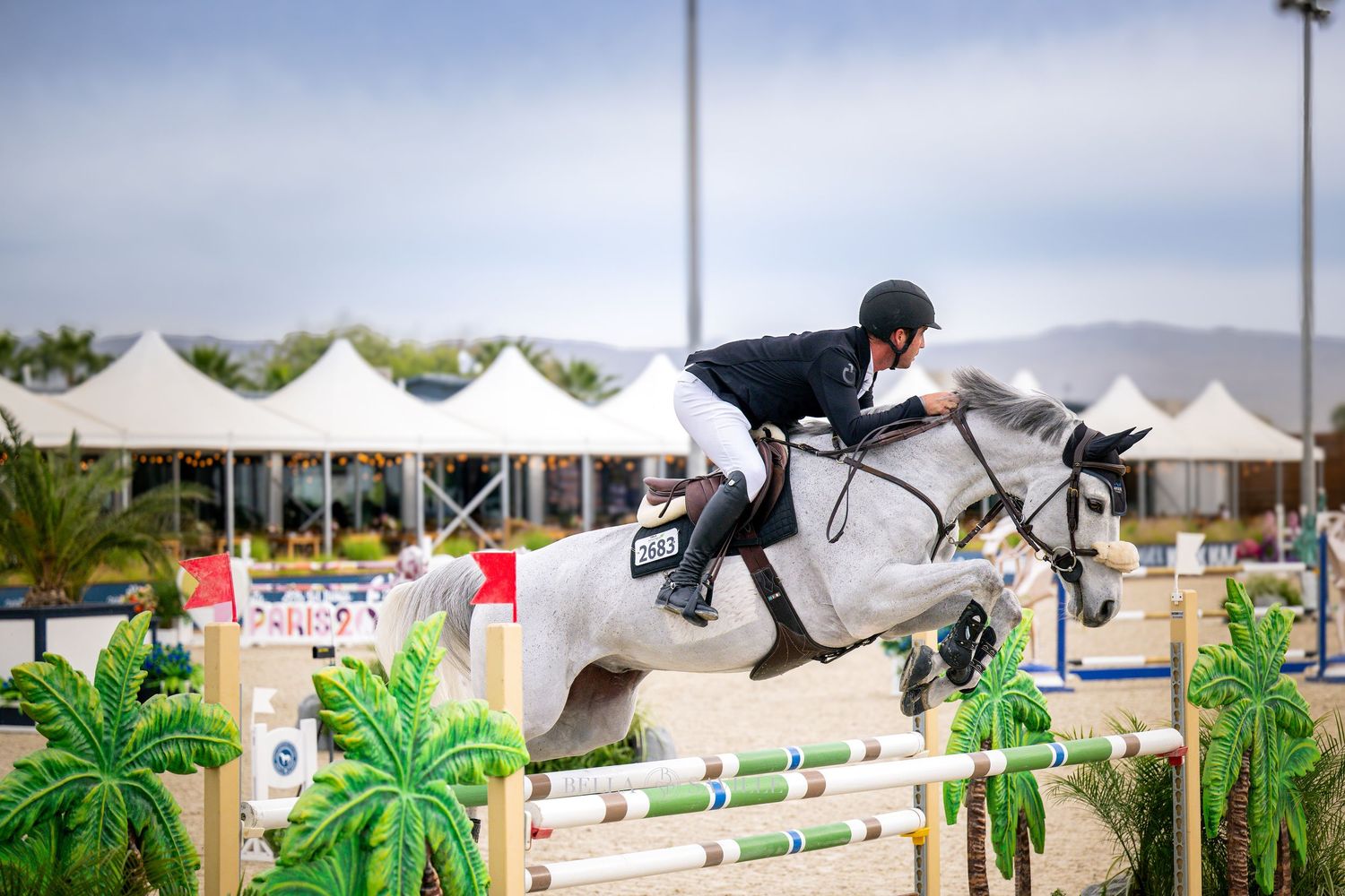 Equestrian rider jumping a grey horse over a colorful fence at an outdoor show.