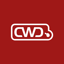 CWD equestrian saddle brand logo in white on a red background.