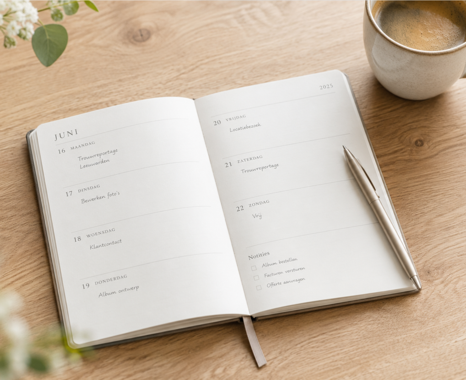 Open June planner notebook with a silver pen on a wooden desk beside a cup of coffee and soft green leaves.