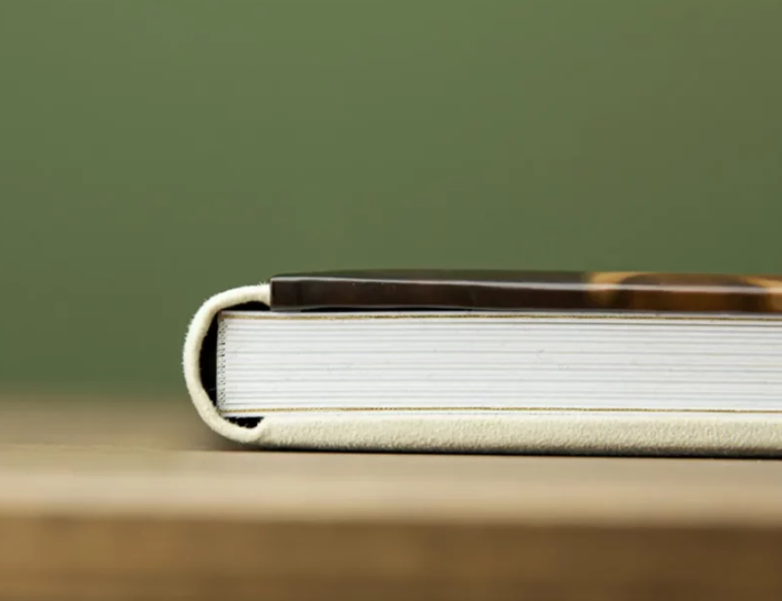 Close-up side view of a hardcover book with white pages resting on a wooden surface against a green background.