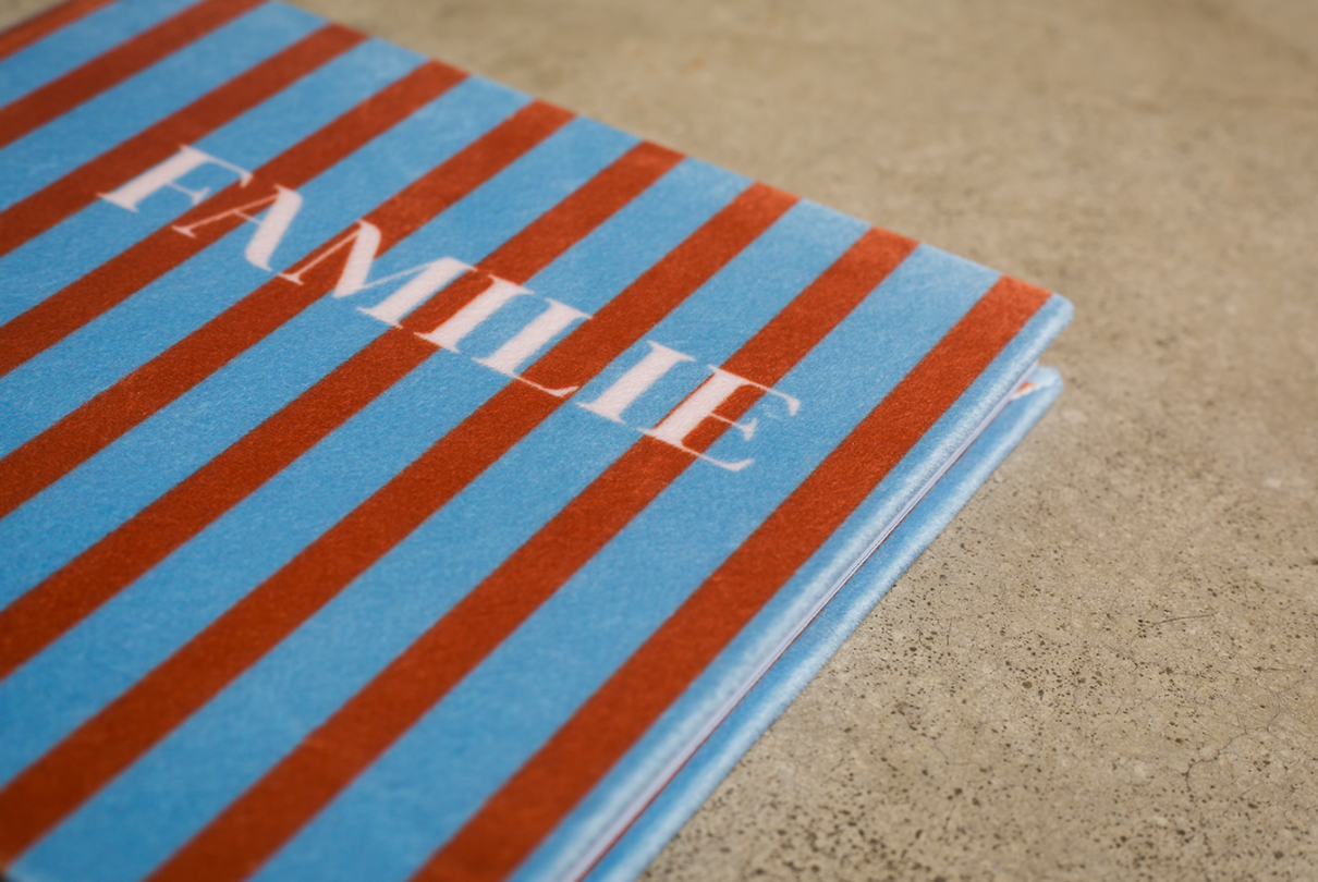 Blue and orange striped book cover with the word Familie in white capital letters, resting on a smooth concrete surface.