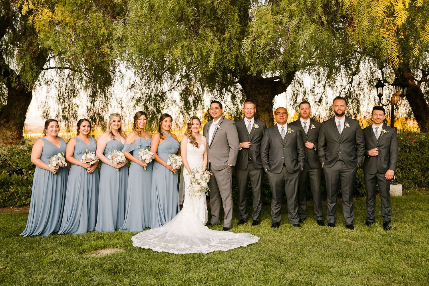 Wedding party posing outdoors under a willow tree, bridesmaids in blue gowns and groomsmen in gray suits flanking the bride and groom.