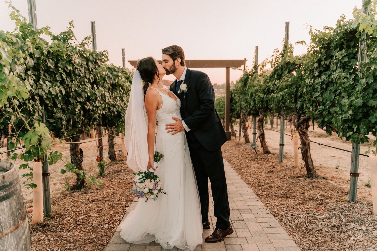 Bride and groom share a romantic kiss in a lush vineyard on their wedding day.