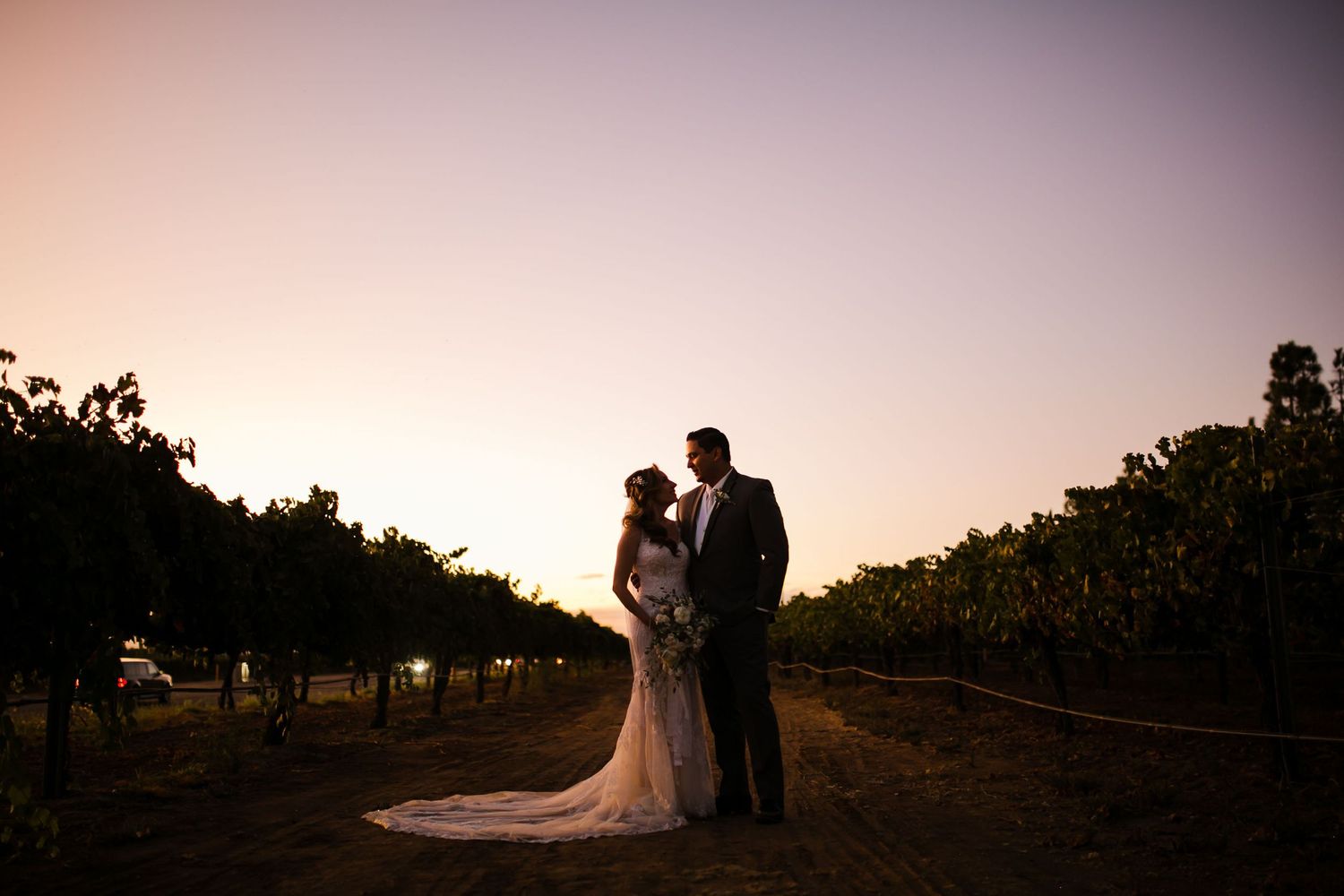 Bride and groom silhouetted against a stunning sunset sky in a lush vineyard at their romantic outdoor wedding.