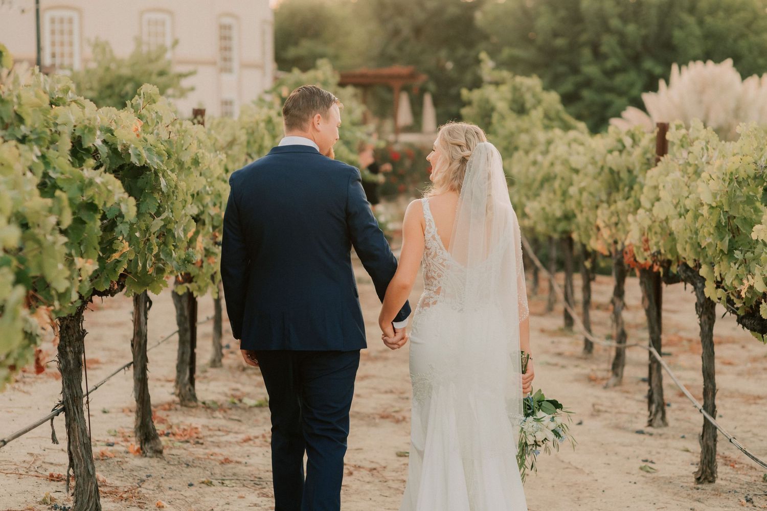 Bride and groom walking hand in hand through a sunlit vineyard, bride wearing a lace gown with veil.