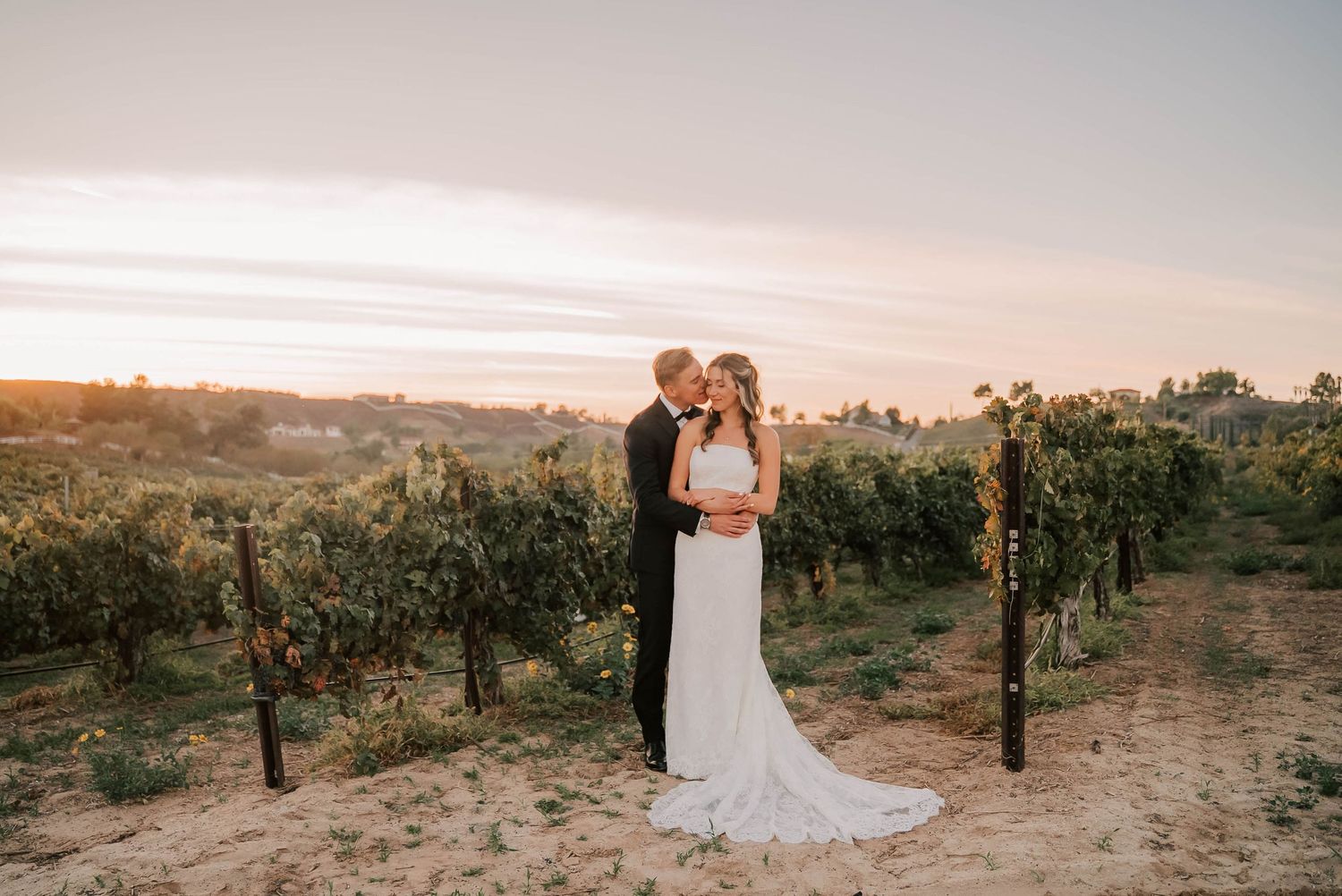 Bride and groom embrace at sunset in a lush vineyard, wearing elegant wedding attire with rolling hills in the background.
