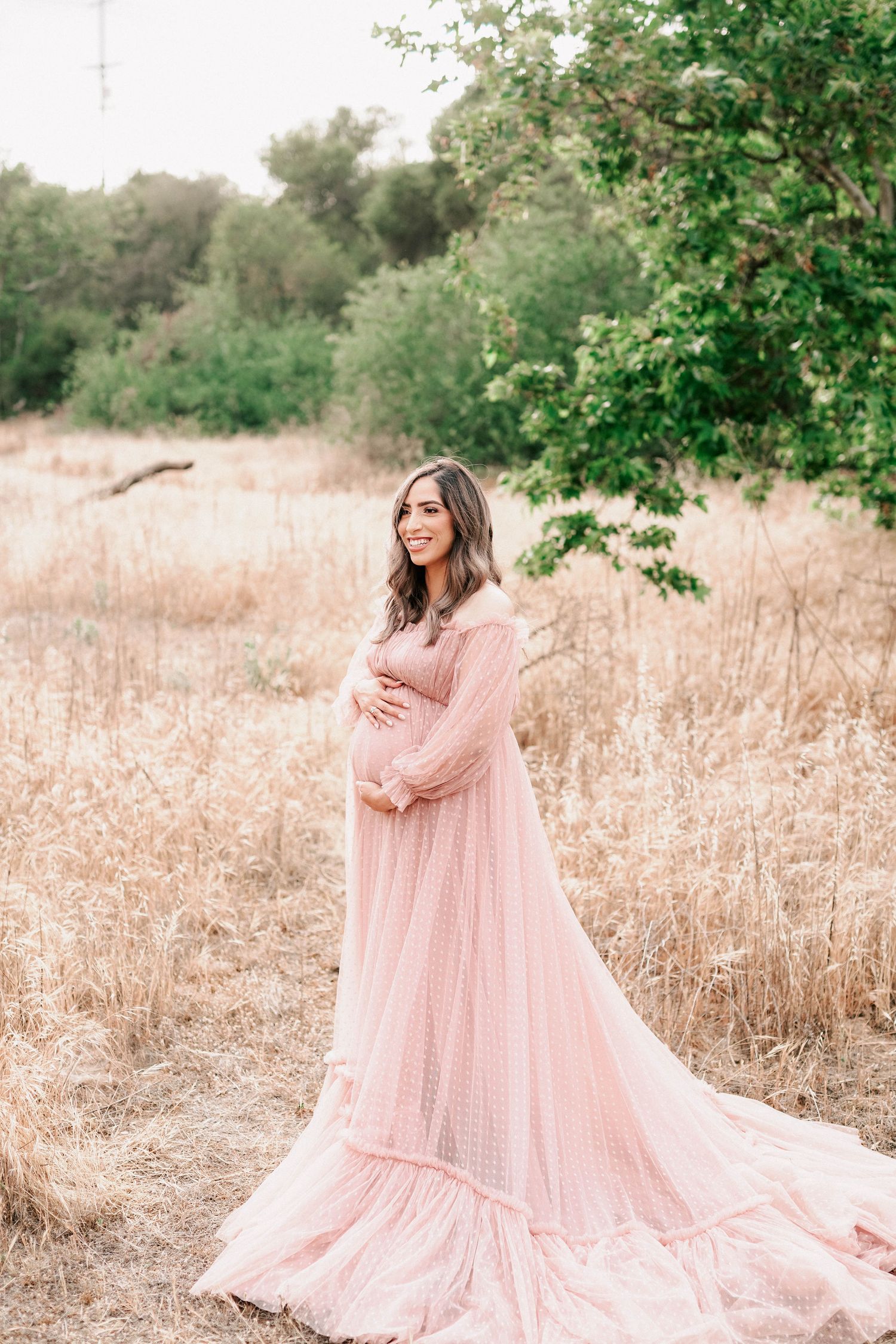 Pregnant woman in flowing pink maternity gown standing in golden field with green trees, cradling baby bump.