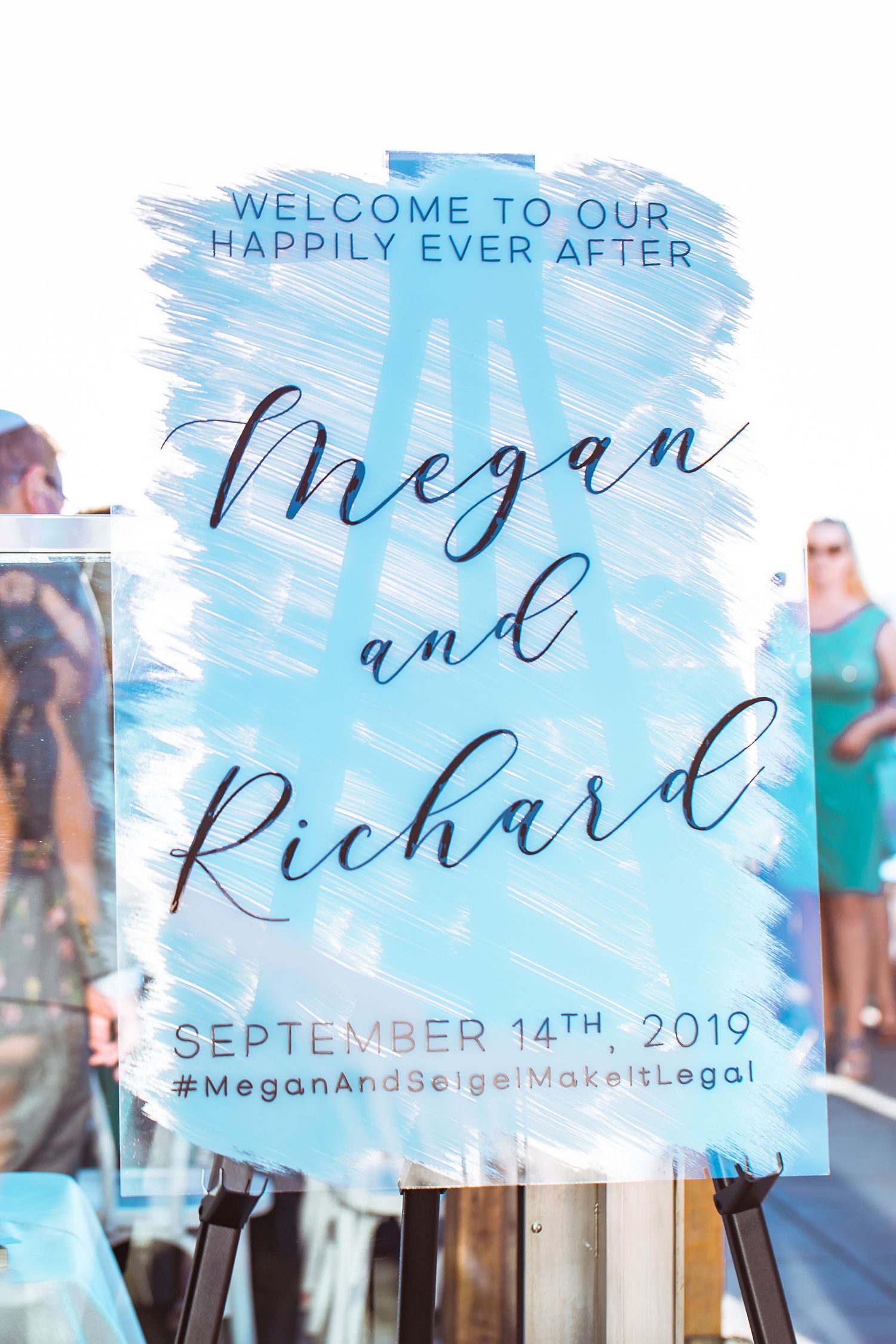 Wedding welcome sign for Megan and Richard, September 14th 2019, with blue watercolor design reading Welcome to Our Happily Ever After.