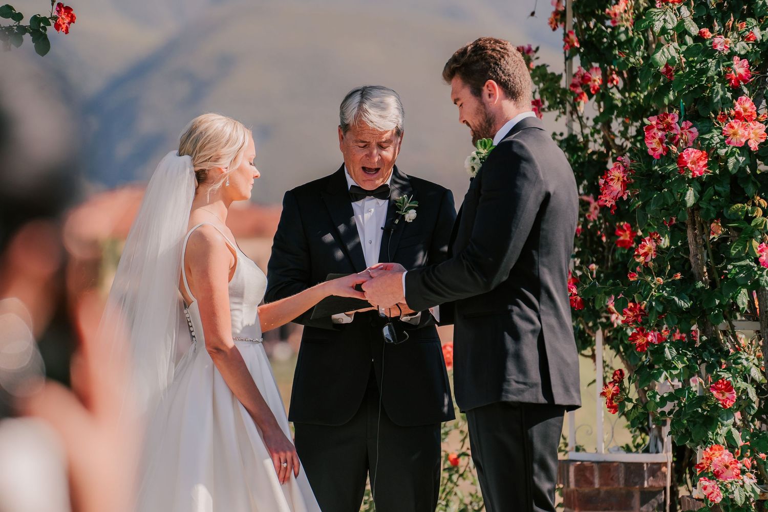 Bride and groom exchange rings with officiant during outdoor wedding ceremony beside floral arch with red roses.