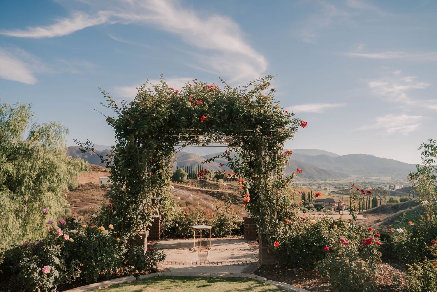 Rose-covered garden archway framing scenic mountain views under blue skies at an outdoor venue.