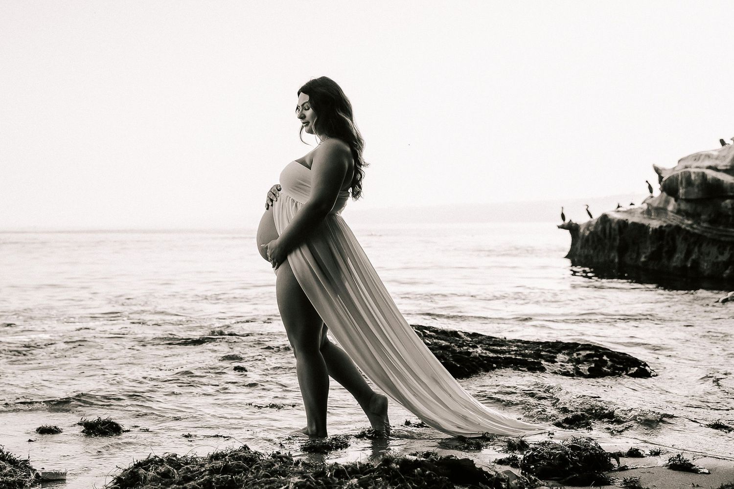 Black and white maternity photo of pregnant woman in flowing sheer fabric standing on rocky shore.