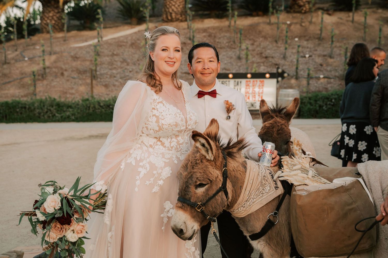 Bride and groom posing with two donkeys at outdoor wedding reception venue.