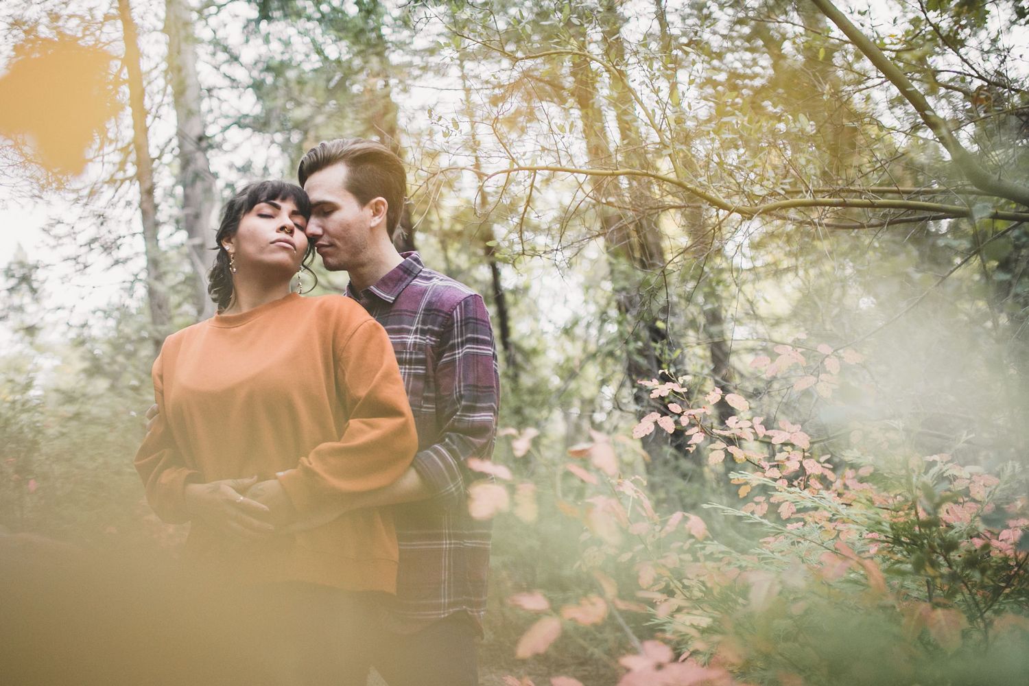 Couple sharing a tender moment in an autumn forest, surrounded by colorful foliage.