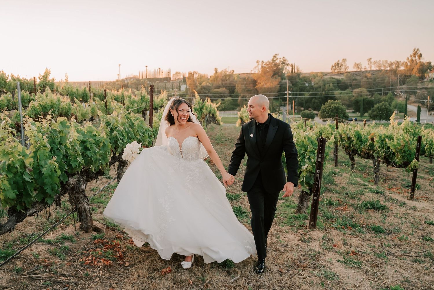 Bride and groom walk hand-in-hand through a sunlit vineyard at golden hour in a romantic outdoor wedding setting.
