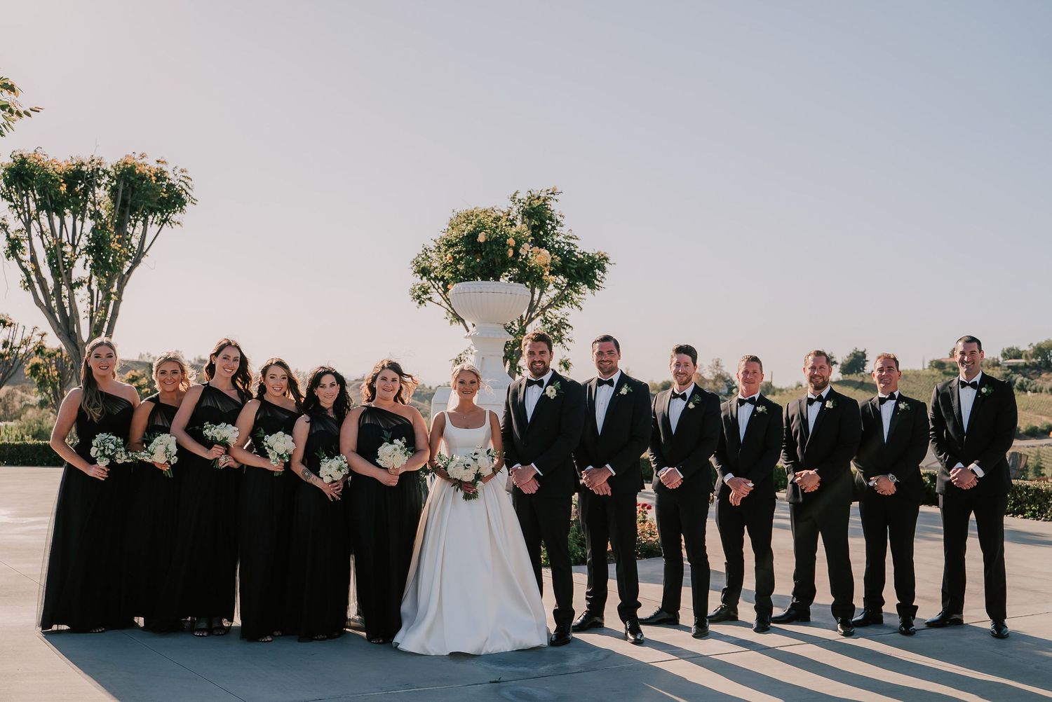 Wedding party in black attire poses outdoors, bride in white gown flanked by bridesmaids and groomsmen at sunset.