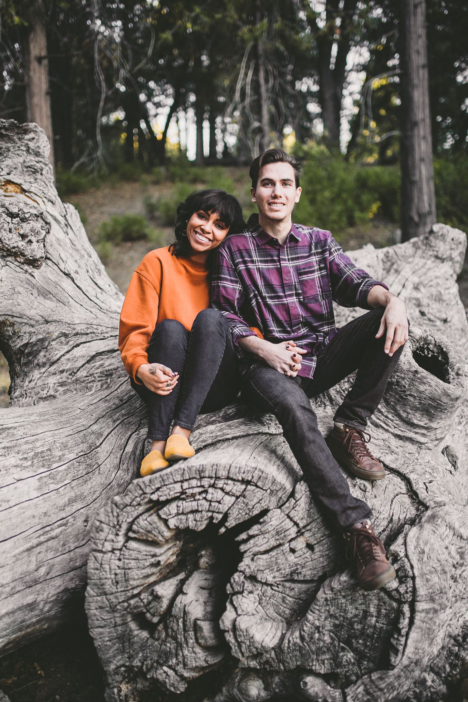 A smiling couple sitting together on a large weathered log in a forest setting, wearing casual autumn clothing.