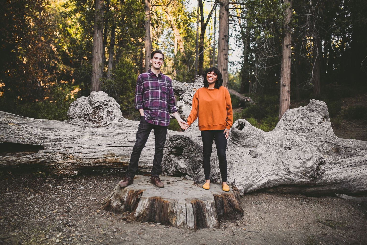 Couple standing on a large fallen log in a forest, wearing casual outdoor clothing among tall trees.